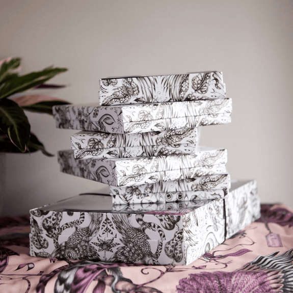 Eggshell/White | Amazon monochrome boxes designed by Emma J Shipley with Clarke & Clarke hold the bedding pieces from pillowcases to duvet covers