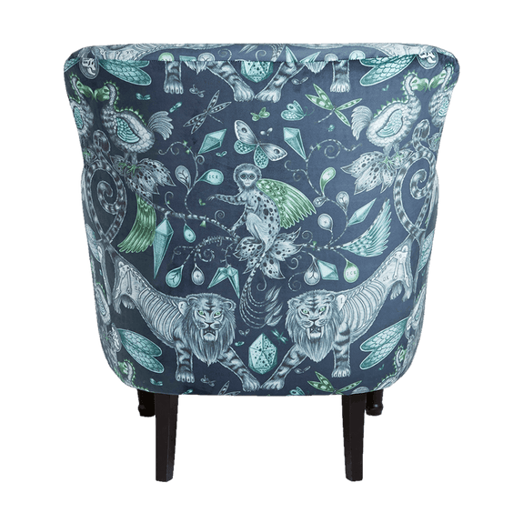 Navy | Back view of the Extinct Dalston Chair from our fantastical furniture range with Clarke & Clarke, the Extinct Dalston Chair is upholstered with our best selling velvet from the Animalia range
