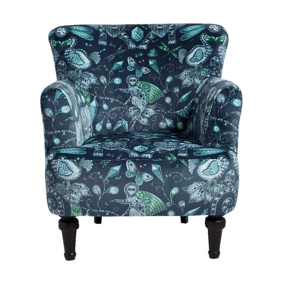Navy |  Front view of the Extinct Dalston Chair by Emma J Shipley for Clarke & Clarke is a stunning armchair which makes a bold statement in your interior