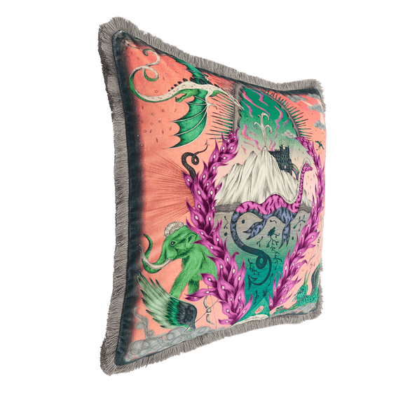 Pink | The Side of the Highlandia Pink Cushion showing the soft Grey trim paired with the velvet printed front, featuring the Scottish Highlands, a dragon and the loch ness monster