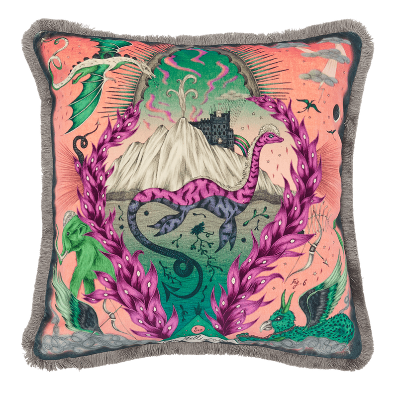  The Front of the Highlandia Pink Luxury velvet cushion, featuring the loch ness monster, the Scottish highlands and lots of other mystical beasts, designed by Emma J Shipley  Edit alt text