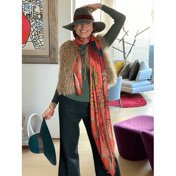 Autumn - Orange | Amanda Styles the Lynx Autumn Scarf with an asymmetric look which shows off all the many colours in the design, created by Emma J Shipley and Red Leopard 