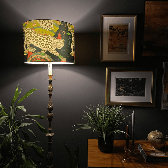 The Snow Leopard Silk Lampshade styled perfectly by @Zephshouse with plants and candle sticks