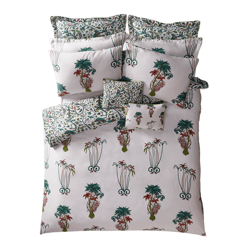 The Jungle Palms bedding set features the Palm tree design on one side and the Rousseau design in jungle on the other side featuring a collection of bedding pieces designed by Emma J Shipley and made by Clarke & Clarke