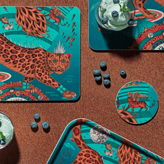 Teal | Medium | 1 | The Teal Snow Leopard Tableware collection featuring the Medium Teal Round Tray