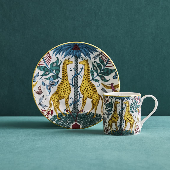 Kruger Side plate and mug designed by Emma J Shipley, crafted in fine bone china by skilled artisans in Stoke on Trent UK, hand decorated with an exquisitely detailed and colourful artwork with giraffes and detailed foliage in yellow, blues and greens - part of the Fine China Dining collection