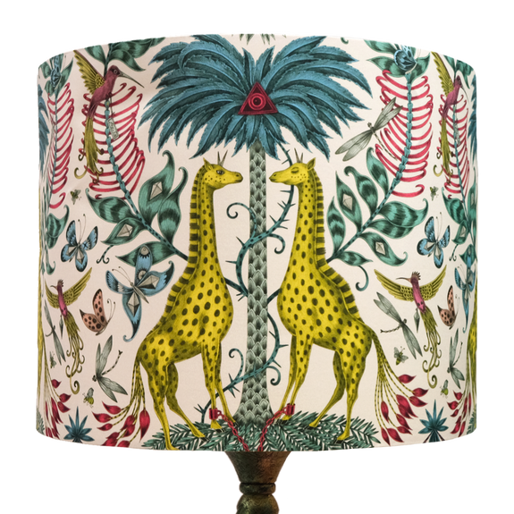 The Multi coloured Kruger Lampshade featuring a pair of enchanting giraffes and colourful foliage with curious bees, butterflies and birds flying through it