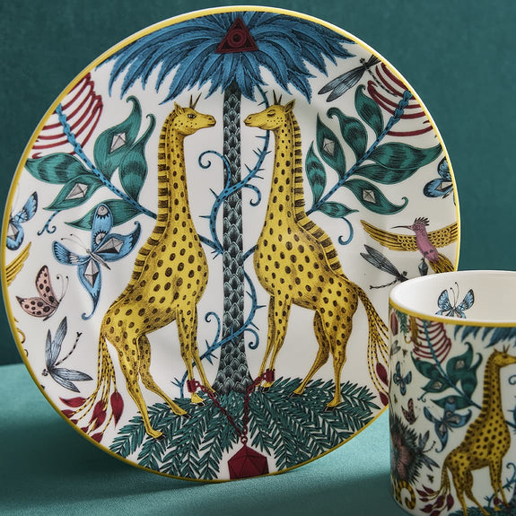 Details of the Kruger Side plate designed by Emma J Shipley, crafted in fine bone china by skilled artisans in Stoke on Trent UK, hand decorated with an exquisitely detailed and colourful artwork with giraffes and detailed foliage in yellow, blues and greens - part of the Fine China Dining collection