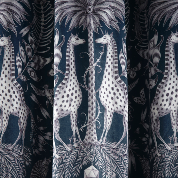 A close up of the Navy Kruger design on the Ready made velvet curtains designed by Emma J Shipley with interior experts Clarke & Clarke