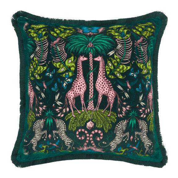 Teal | The Kruger Luxury Velvet Cushion in the Teal colour has enchanting soft pinks and bright lime greens designed by Emma J Shipley