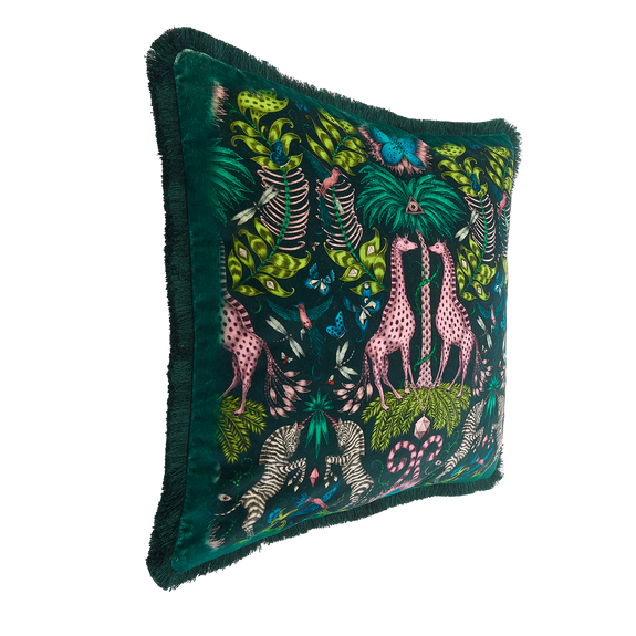 Teal | The side of the Kruger Teal cushion featuring a pair of soft pink giraffes with a deep emerald green palm tree in the middle of the intertwining vines in lime greens, drawn by Emma J Shipley in her London studio