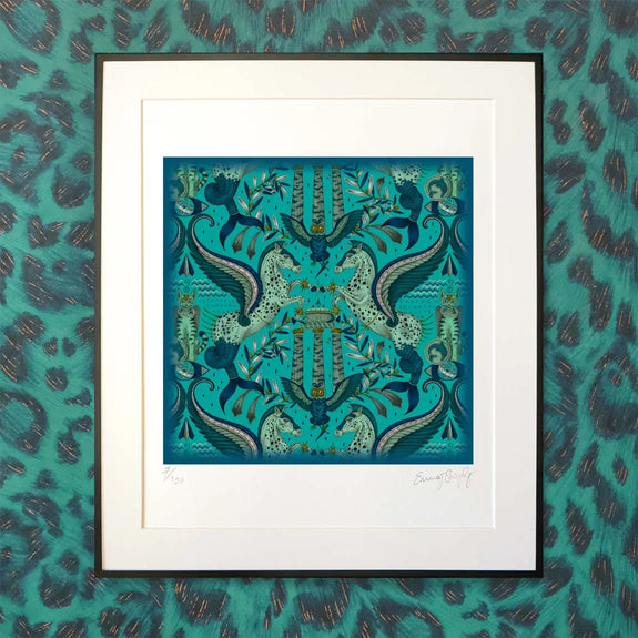 Peacock | 8 x 10 inches | Fine Art Print featuring Emma J Shipley's hand-drawn Odyssey design in Peacock, featuring fish-tailed Pegasi, inspired by the Greek god Poseidon.