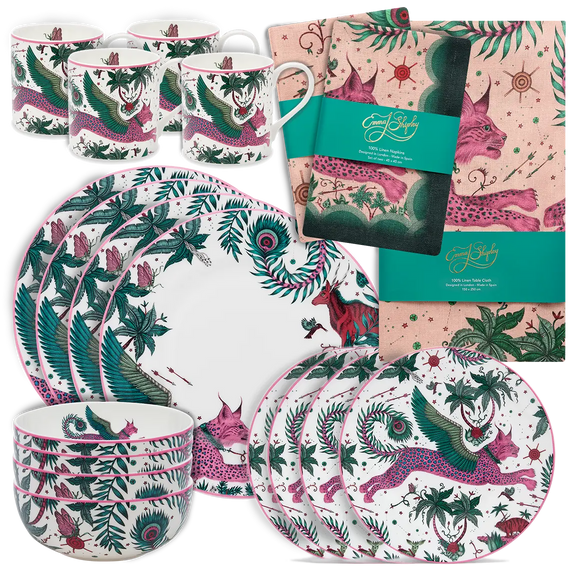 Lynx fine china bowl, side plate, mug and linen napkins, designed by Emma J Shipley in London