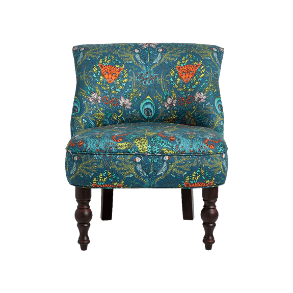 Navy | A bold, luxurious upholstered occasion chair featuring Animalia fabric in the Amazon design by Emma J Shipley designed in collaboration with Clarke & Clarke. Featuring a selection of jungle animals in Navy and teal
