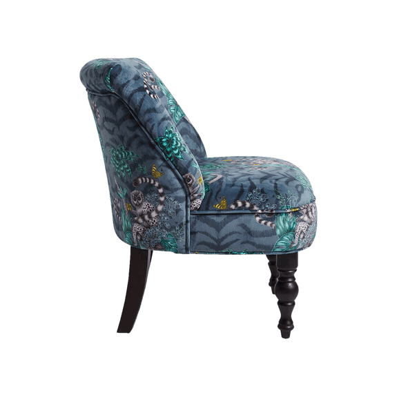 Navy | The Lemur Langley Chair designed by Emma J Shipley for Clarke & Clarke - a stunning navy velvet occasion chair featuring a n enchanting jungle scene