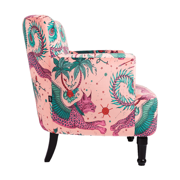 Coral | The side of the Coral Lynx Dalston Chair covered in the Wilderie Velvet by Emma J Shipley x Clarke & Clarke