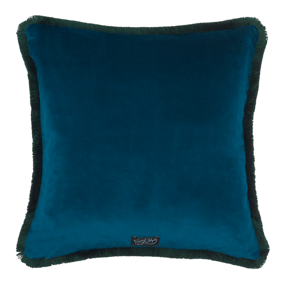 Teal | The back of the tigris Luxury Velvet cushion in a deep petrol blue