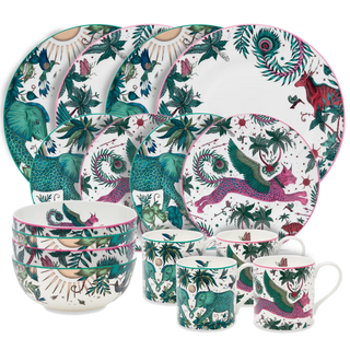 Fine Bone China Dining Set with Elephant and Lynx designs, designed in London England by Emma J Shipley, made in Stoke on Trent