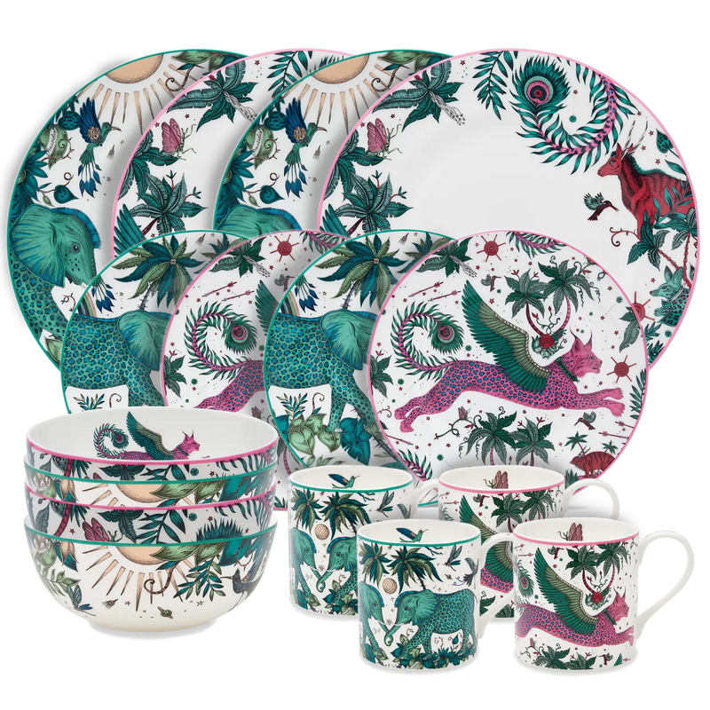 Fine Bone China Dining Set with Elephant and Lynx designs, designed in London England by Emma J Shipley, made in Stoke on Trent