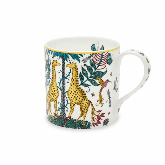 1 | Kruger Mug designed by Emma J Shipley, crafted in fine bone china by skilled artisans in Stoke on Trent UK, hand decorated with an exquisitely detailed and colourful artwork with giraffes and detailed foliage in yellow, blues and greens - part of the Fine China Dining collection