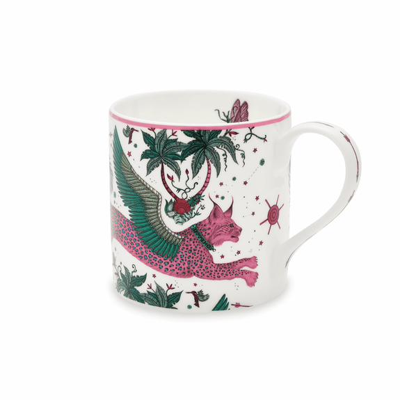 1 | Lynx Mug designed by Emma J Shipley, crafted in fine bone china by skilled artisans in Stoke on Trent UK, hand decorated with an exquisitely detailed and colourful artwork with a Lynx, leaping through a starry night sky surrounded by magical creatures in pink, magenta and verdant green shades - part of the Fine China Dining collection