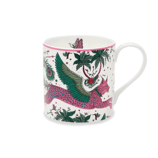 Lynx Mug designed by Emma J Shipley, crafted in fine bone china by skilled artisans in Stoke on Trent UK, hand decorated with an exquisitely detailed and colourful artwork with a Lynx, leaping through a starry night sky surrounded by magical creatures in pink, magenta and verdant green shades - part of the Fine China Dining collection