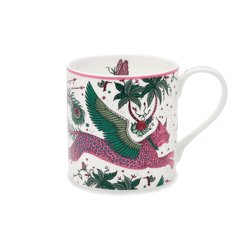  Lynx Mug designed by Emma J Shipley, crafted in fine bone china by skilled artisans in Stoke on Trent UK, hand decorated with an exquisitely detailed and colourful artwork with a Lynx, leaping through a starry night sky surrounded by magical creatures in pink, magenta and verdant green shades - part of the Fine China Dining collection
