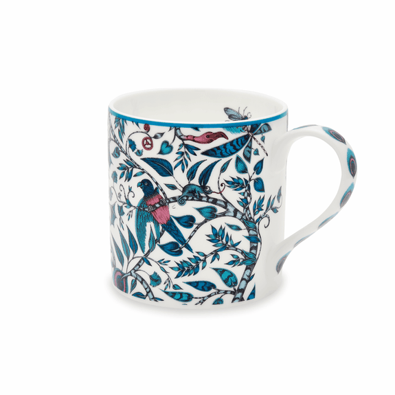 1 | Rousseau Mug designed by Emma J Shipley, crafted in fine bone china by skilled artisans in Stoke on Trent UK, hand decorated with an exquisitely detailed and colourful scene of curious birds and creatures amongst a pattern of winding foliage in a palette of blues, and subtle pink blush tones, part of the Fine China Dining collection