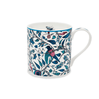 Rousseau Mug designed by Emma J Shipley, crafted in fine bone china by skilled artisans in Stoke on Trent UK, hand decorated with an exquisitely detailed and colourful scene of curious birds and creatures amongst a pattern of winding foliage in a palette of blues, and subtle pink blush tones, part of the Fine China Dining collection