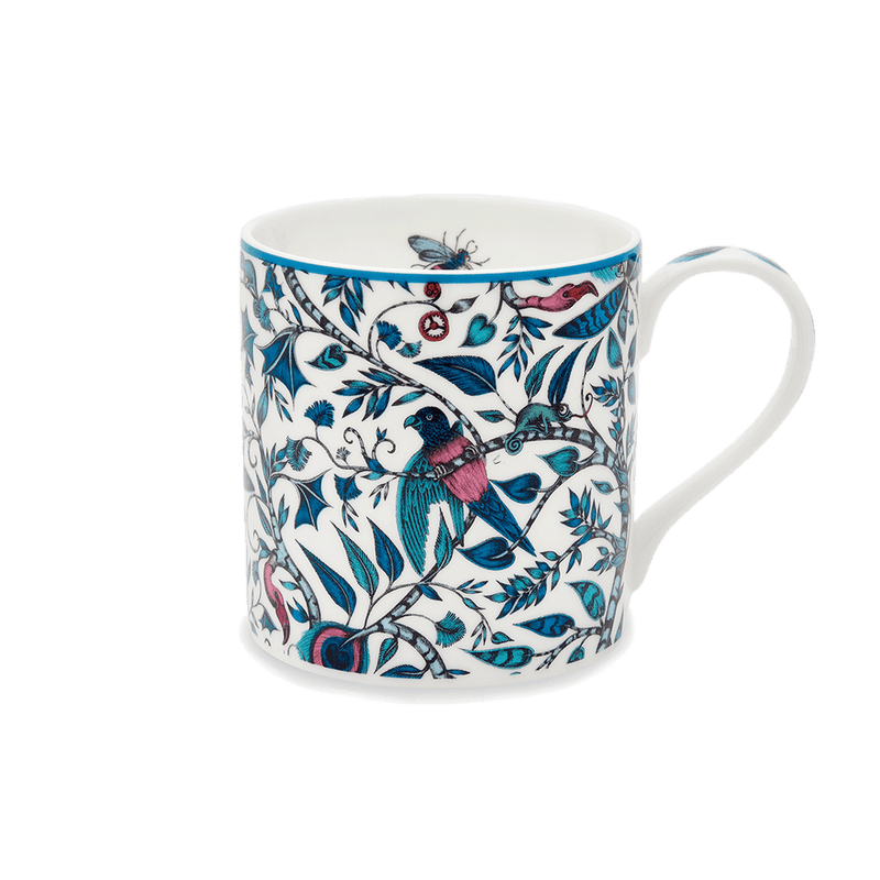  Rousseau Mug designed by Emma J Shipley, crafted in fine bone china by skilled artisans in Stoke on Trent UK, hand decorated with an exquisitely detailed and colourful scene of curious birds and creatures amongst a pattern of winding foliage in a palette of blues, and subtle pink blush tones, part of the Fine China Dining collection