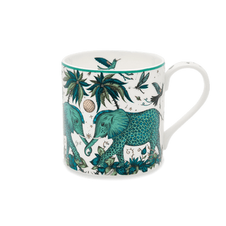Zambezi Mug designed by Emma J Shipley, crafted in fine bone china by skilled artisans in Stoke on Trent UK, hand decorated with an exquisitely detailed and colourful design featuring leopard spotted elephants, a leaping gazelle, soaring hornbills in layers of teal, greens and neutrals, part of the Fine China Dining collection