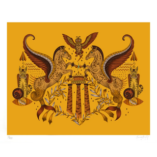 Fine Art Print featuring Emma J Shipley's hand-drawn Odyssey design in Gold, featuring fish-tailed Pegasi, inspired by the Greek god Poseidon.