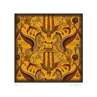 Fine Art Print featuring Emma J Shipley's hand-drawn Odyssey design in Gold, featuring fish-tailed Pegasi, inspired by the Greek god Poseidon.