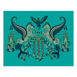 Fine Art Print featuring Emma J Shipley's hand-drawn Odyssey design in Peacock, featuring fish-tailed Pegasi, inspired by the Greek god Poseidon.