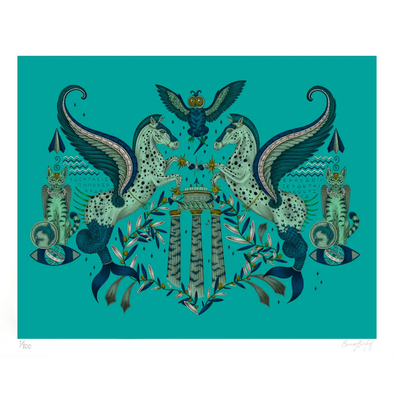  Fine Art Print featuring Emma J Shipley's hand-drawn Odyssey design in Peacock, featuring fish-tailed Pegasi, inspired by the Greek god Poseidon.