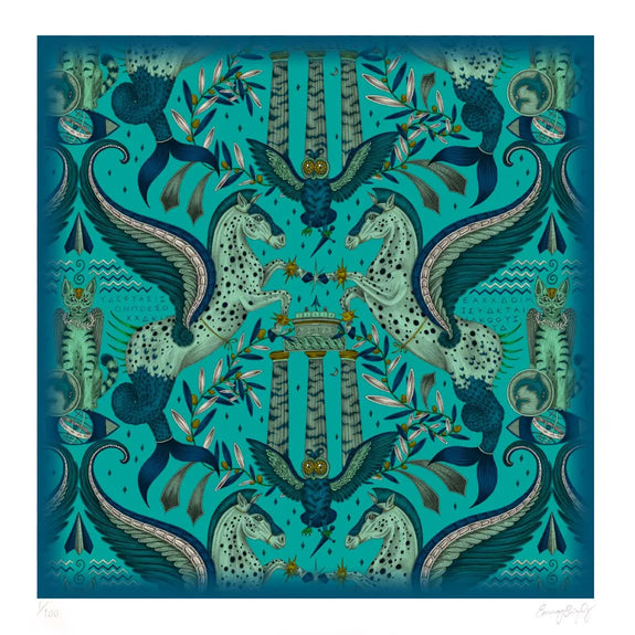 Peacock | 24 x 24 inches | Fine Art Print featuring Emma J Shipley's hand-drawn Odyssey design in Peacock, featuring fish-tailed Pegasi, inspired by the Greek god Poseidon.