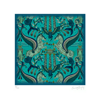 Fine Art Print featuring Emma J Shipley's hand-drawn Odyssey design in Peacock, featuring fish-tailed Pegasi, inspired by the Greek god Poseidon.