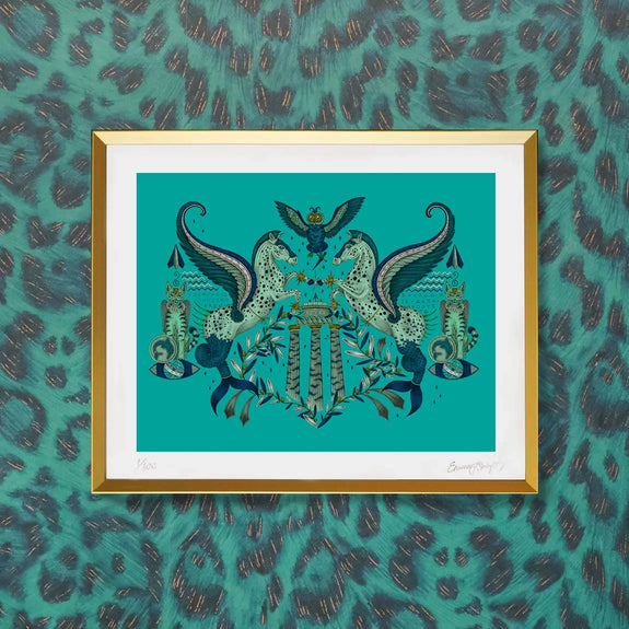 Peacock | 8 x 10 inches | Fine Art Print featuring Emma J Shipley's hand-drawn Odyssey design in Peacock, featuring fish-tailed Pegasi, inspired by the Greek god Poseidon.