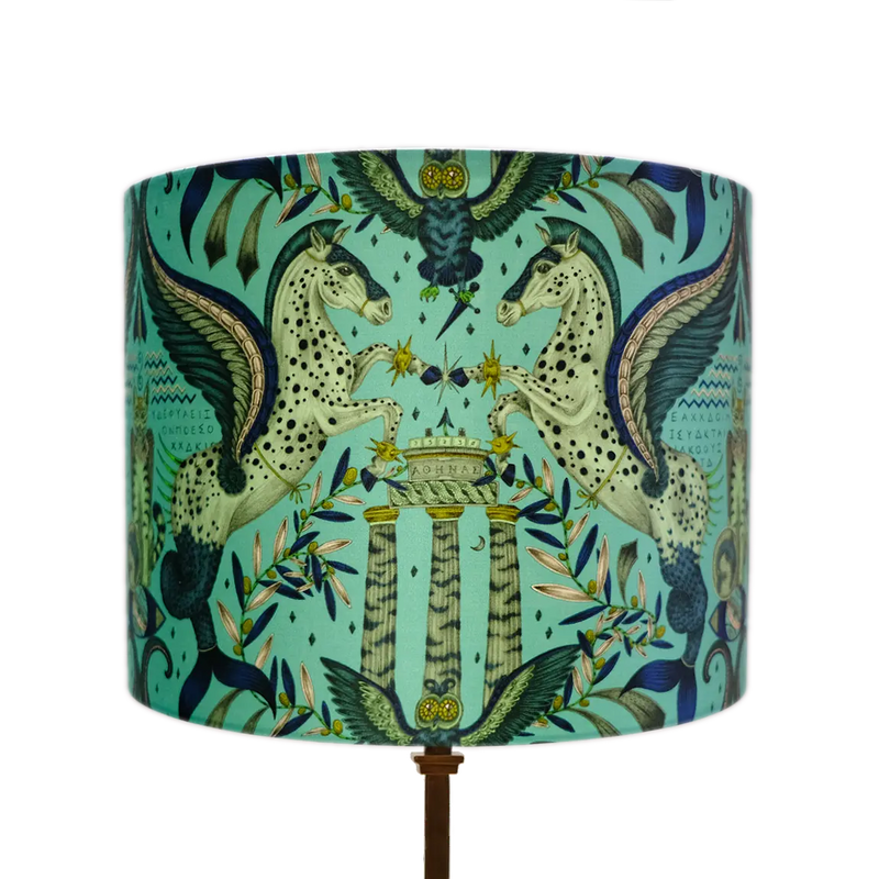  Odyssey Silk Lampshade - Small in Peacock, designed by Emma J Shipley.  This intricate hand-drawn design was inspired by the Hellenistic period, the gods and goddesses of Grecian mythology and Emma’s travels to Greece’s ancient sites.  