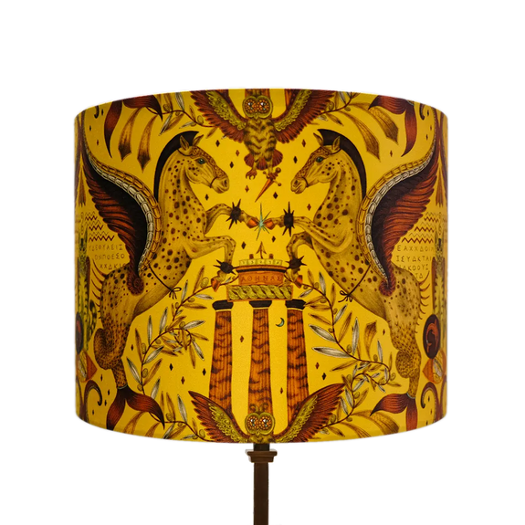 Gold | Odyssey Silk Lampshade - Small in Gold, designed by Emma J Shipley.  This intricate hand-drawn design was inspired by the Hellenistic period, the gods and goddesses of Grecian mythology and Emma’s travels to Greece’s ancient sites.  