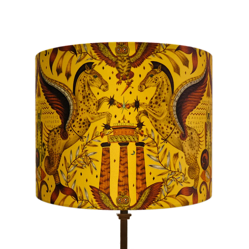  Odyssey Silk Lampshade - Small in Gold, designed by Emma J Shipley.  This intricate hand-drawn design was inspired by the Hellenistic period, the gods and goddesses of Grecian mythology and Emma’s travels to Greece’s ancient sites.  