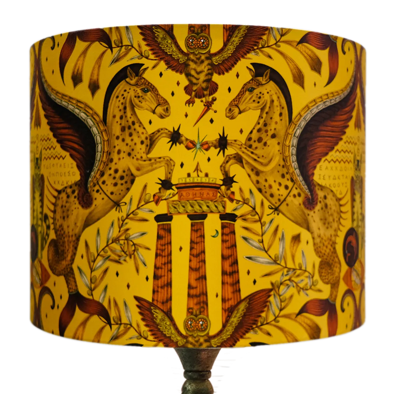  Odyssey Silk Lampshade - Large in Gold, designed by Emma J Shipley.  This intricate hand-drawn design was inspired by the Hellenistic period, the gods and goddesses of Grecian mythology and Emma’s travels to Greece’s ancient sites.  