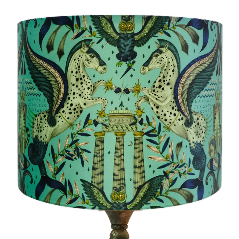  Odyssey Silk Lampshade - Large in Peacock, designed by Emma J Shipley.  This intricate hand-drawn design was inspired by the Hellenistic period, the gods and goddesses of Grecian mythology and Emma’s travels to Greece’s ancient sites.  