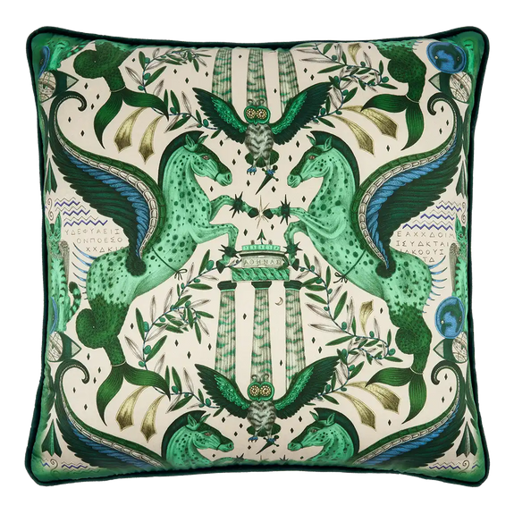 Emerald | Odyssey Silk Cushion in Emerald Green designed by Emma J Shipley. This intricate hand-drawn design was inspired by the Hellenistic period, the gods and goddesses of Grecian mythology and Emma’s travels to Greece’s ancient sites
