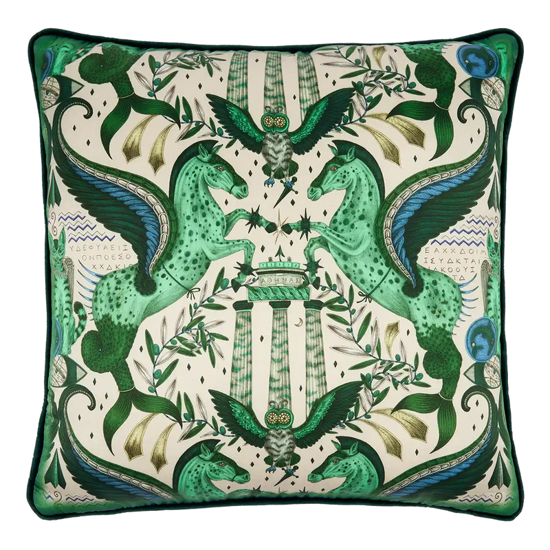  Odyssey Silk Cushion in Emerald Green designed by Emma J Shipley. This intricate hand-drawn design was inspired by the Hellenistic period, the gods and goddesses of Grecian mythology and Emma’s travels to Greece’s ancient sites