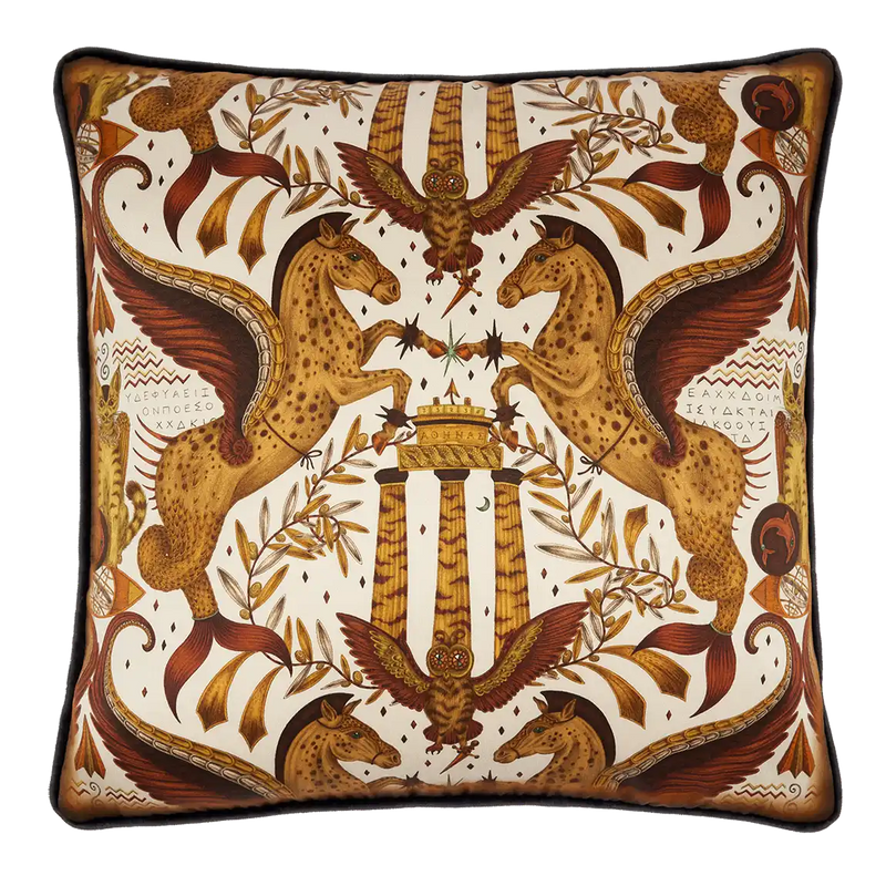  Odyssey Silk Cushion in Gold designed by Emma J Shipley. This intricate hand-drawn design was inspired by the Hellenistic period, the gods and goddesses of Grecian mythology and Emma’s travels to Greece’s ancient sites