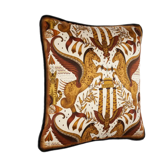 Gold | Odyssey Silk Cushion in Gold designed by Emma J Shipley. This intricate hand-drawn design was inspired by the Hellenistic period, the gods and goddesses of Grecian mythology and Emma’s travels to Greece’s ancient sites