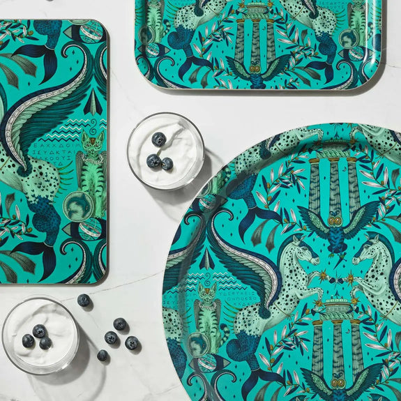 Peacock | Large | Round tray in Turquoise with Grecian Pegasus design with breakfast spread, designed by Emma J Shipley in England
