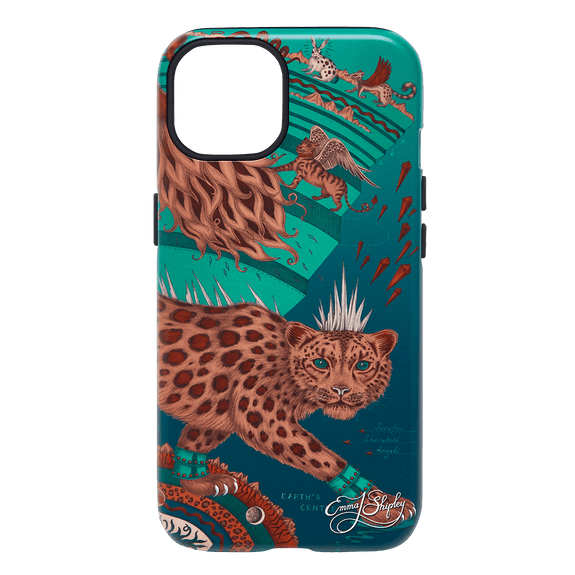 Teal | Snow Leopard phone case, featuring a striking leopard under a surrealist moon, with angelic, winged creatures accompanying the snow leopard on its journey. Inspired by Dante’s Inferno and Ingmar Bergman’s film “The Seventh Seal”, this phone case will add surrealism to your everyday, and would make the perfect gift for any animal lover. Designed in London by Emma J Shipley