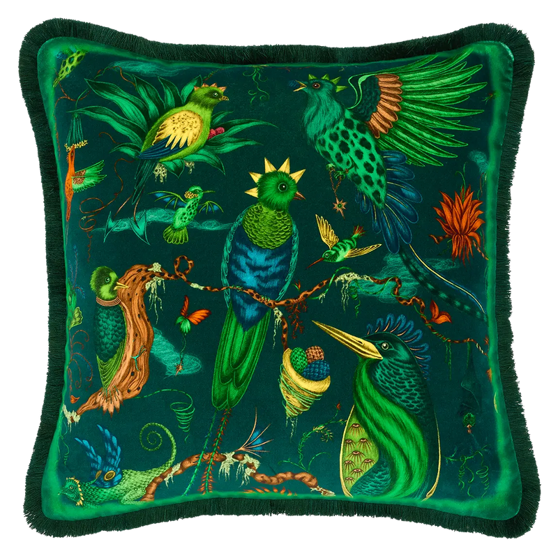  Quetzal Luxury Velvet Cushion in Teal designed by Emma J Shipley in London inspired by Costa Rica's Cloud Forest